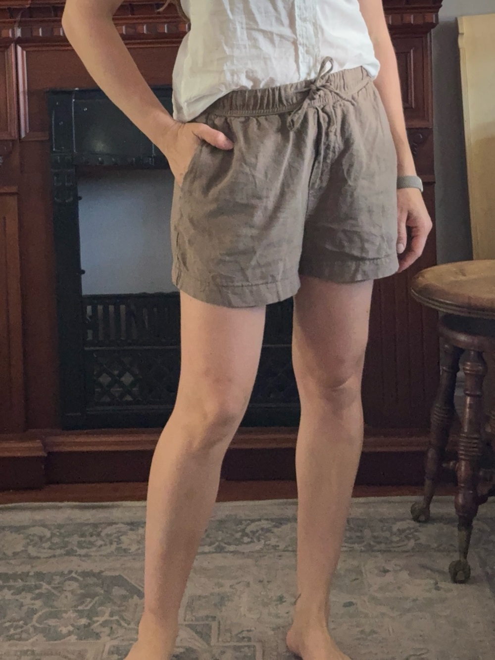 Drawstring Linen Blend Shorts - Tobacco/ Taupe Brown